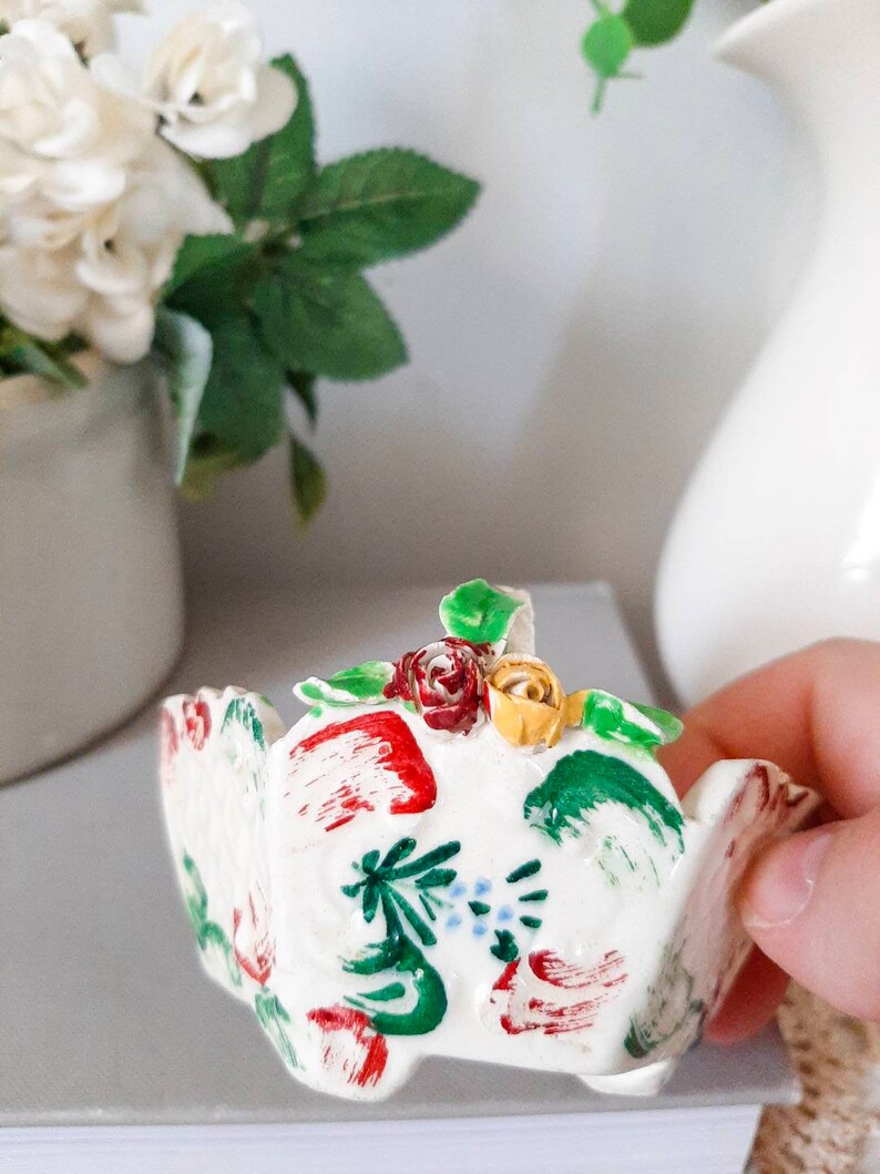 Vintage Hand Painted Small Italian Ceramic Floral Capodimonte Style Trinket Basket