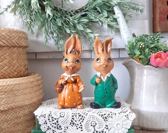 Vintage Colorful Ceramic Mr. & Mrs. Bunny Rabbit Figurines - Set of 2