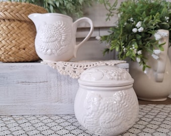 Vintage Ceramic Creamer & Sugar Set • Raised Turkey Design • White Thanksgiving Serveware • Autumn Table Decor • Farmhouse Holiday Kitchen