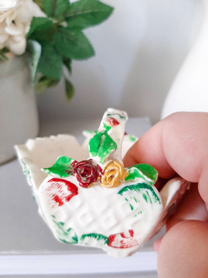 Vintage Hand Painted Small Italian Ceramic Floral Capodimonte Style Trinket Basket