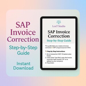 Pode incluir: Um guia digital numa tela de tablet, intitulado "SAP Invoice Correction Step-by-Step Guide". O guia fornece instruções para corrigir faturas no SAP, com um esquema de cores roxo claro e verde-azulado. As palavras "Download instantâneo" também são visíveis.