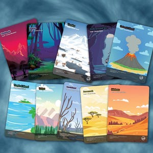 May include: A set of illustrated cards showing diverse landscapes such as a volcano, tundra, and tropical island. Each card displays a unique scene with bright colours and text labels identifying the location. The cards are arranged on a blue background.