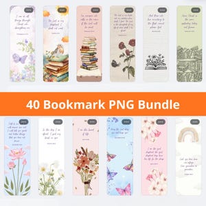 Puede incluir: Una colección de 12 marcapáginas rectangulares con varios diseños y citas inspiradoras. Los marcapáginas presentan ilustraciones florales, de mariposas y de libros. El texto "40 Bookmark PNG Bundle" se muestra en naranja.