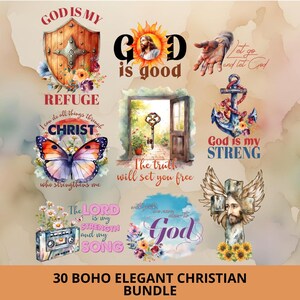 Puede incluir: Una colección de ilustraciones en acuarela con temas cristianos. Las imágenes incluyen un escudo, una mariposa, una puerta abierta con una llave, un ancla y un reproductor de casetes. El texto incluye "Dios es mi refugio", "Dios es bueno" y "30 Boho Elegant Christian Bundle".