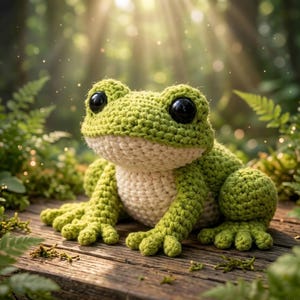 May include: A handmade crochet frog in shades of green and cream, with large black eyes. The frog is sitting on a wooden surface, surrounded by greenery, creating a whimsical and nature-inspired aesthetic.