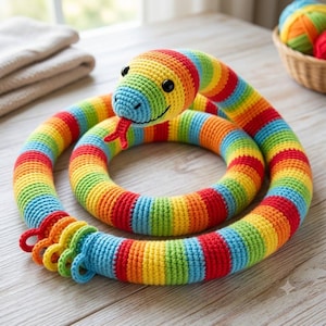 May include: A vibrant, crocheted snake toy in rainbow colours. The snake features black eyes and a red tongue. The tail has rainbow loops. The toy is on a light wood surface. The snake's body is made up of red, orange, yellow, green, blue, and purple stripes.