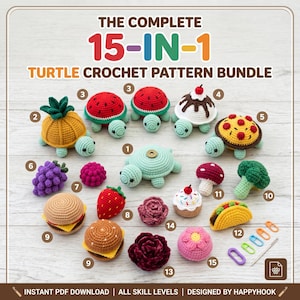 Op de afbeelding: Een 15-in-1 haakpatroonbundel voor schildpadden met diverse gehaakte items, waaronder schildpadden met fruit- en voedselschilden, een burger, een taco, een paddenstoel, broccoli, bloemen en druiven, genummerd van 1 tot 15 en voorzien van steekmarkeerders.
