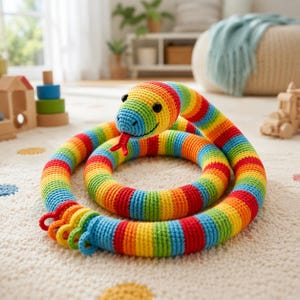 Puede incluir: Un juguete de serpiente de ganchillo largo y enroscado con rayas horizontales vibrantes en rojo, naranja, amarillo, verde y azul. La serpiente tiene una cabeza redondeada con ojos de botón negros, una sonrisa cosida y una lengua roja bífida.