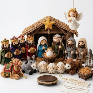Virkat julkrubbaset i PDF-format, julkrubbas, 19-delad amigurumi av den heliga familjen, gör-det-själv-juldekoration