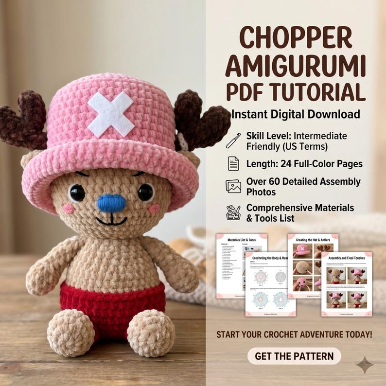 Chopper Amigurumi PDF Tutorial Crochet Pattern, Beginner Friendly Anime ...