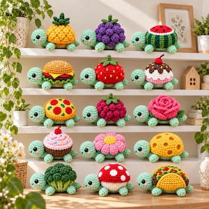 Pacchetto di 15 modelli all'uncinetto per tartarughe, tartaruga amigurumi con guscio rimovibile, tartaruga da vestire con cibo e fiori (PDF, download digitale)