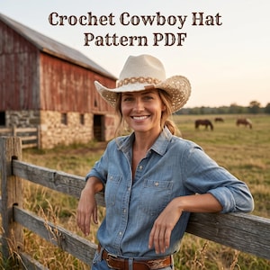 Op de afbeelding: Een crèmekleurige gehaakte cowboyhoed met een decoratieve band met kleine bloemachtige accenten. De tekst Crochet Cowboy Hat Pattern PDF staat boven de hoed. De hoed heeft een brede, gebogen rand en een gestructureerd kroonontwerp.