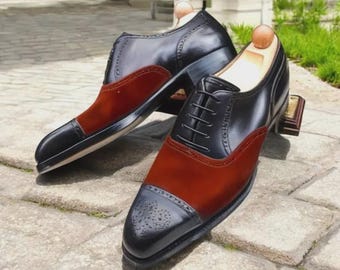 Handmade Leather Oxford Shoes Black Leather & Red Velvet Vintage Lace-Up Business Wear Shoes