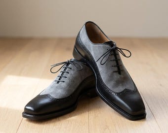 Zapatos de vestir formales para hombre, de ante bicolor, con puntera de ala y cordones, cosidos a mano.