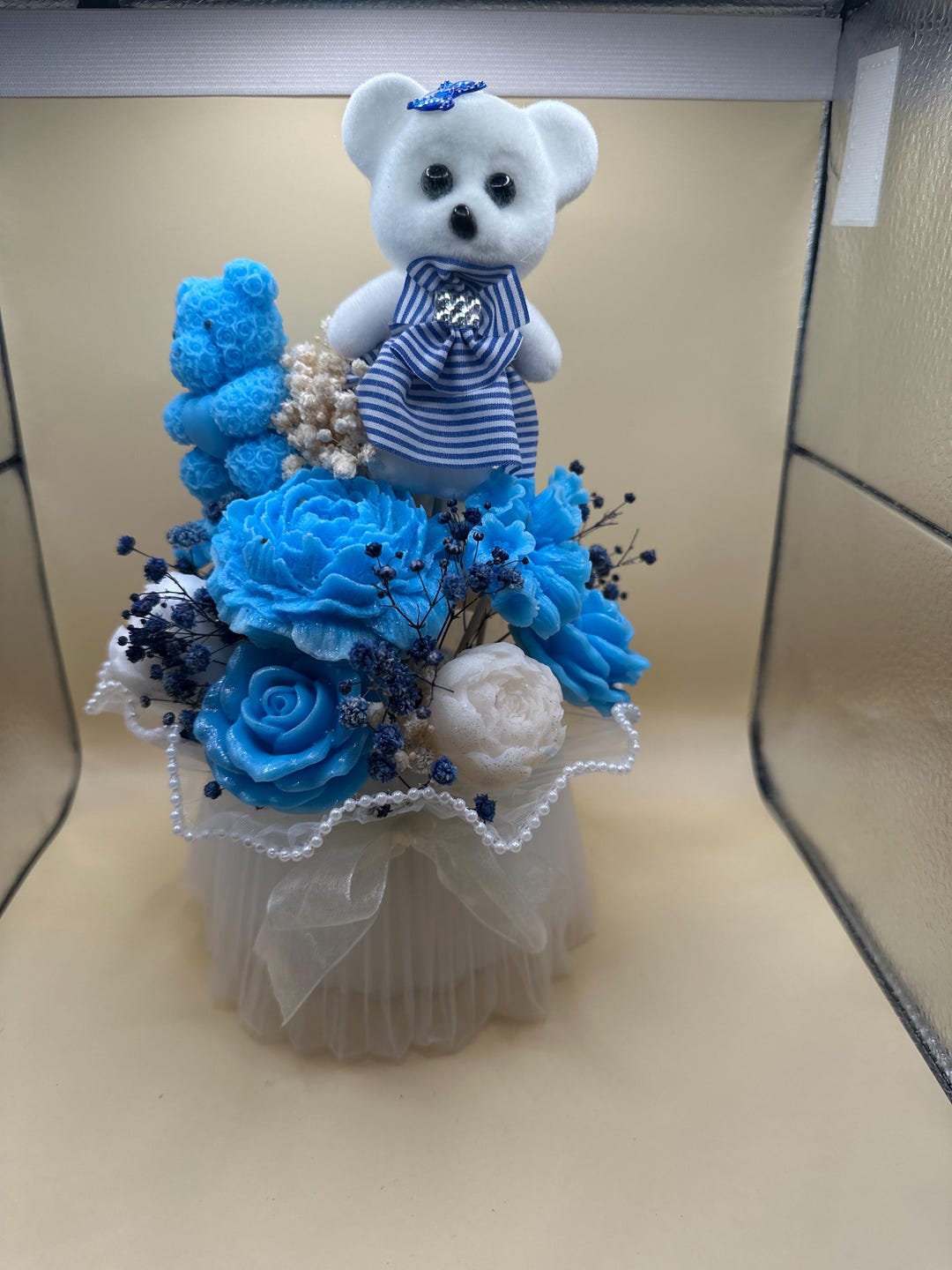 Baby Boy Gift – Blue Teddy Flower Arrangement – Newborn Decoration ...