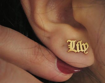Gothic Name Stud Earrings - Custom Old English Font Earrings - Personalized Jewelry Gift - Waterproof - Tarnish-free