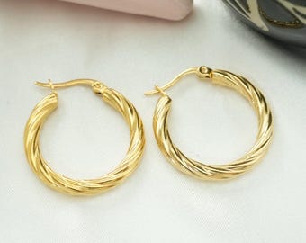 Brincos de argola torcida - Argolas banhadas a ouro 18K - À prova d'água - Antidesgaste - Brincos para uso diário