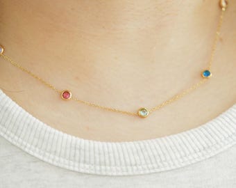 Zierliche bunte Edelstein Station Halskette - Layering Bezel Halskette - Wasserdicht - Anti-Trübung