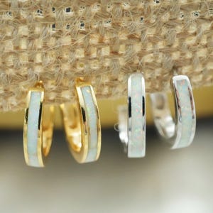 White Opal Inlay Huggie Hoops - Stacking Hoop Earrings - Dainty Sterling Silver Gemstone Earrings