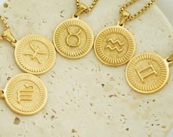 Sternzeichen Halskette - Sternbild Münze Halskette - Edelstahl - Wasserdicht - Anlaufschutz - Personalisiertes Astrologie Geschenk