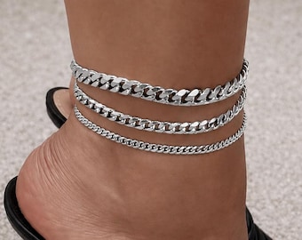Silver Cuban Link Chain Anklet Bracelet - Curb Chain Stainless Steel - Waterproof - Anti-tarnish Anklets