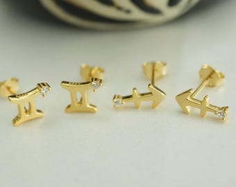 Tiny Zodiac Stud Earrings - Constellation Zodiac Sign Studs - 925 Sterling Silver - Astrology Personalized Jewelry