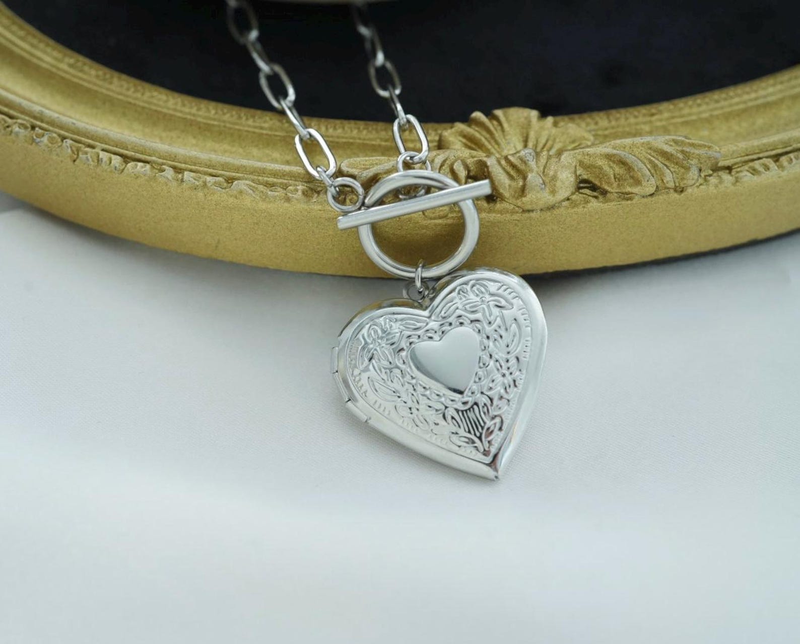 Heart Locket Choker - Silver Photo Locket Toggle Clasp Necklace ...