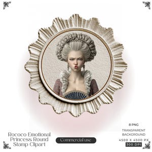 May include: A round digital stamp clipart featuring a portrait of a person with an elaborate grey powdered wig, a ruffled collar, and a dark patterned bodice. The portrait is framed by a textured, scalloped, off-white border with a thin gold rim.