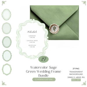 Op de afbeelding: Een digitaal pakket van 27 saliegroene aquarel trouwframes met transparante achtergronden. De afbeelding toont een saliegroene envelop met een bloemmotief waszegel en een decoratief frame met tekst voor een ceremonie en receptie.