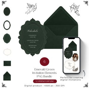 May include: A digital bundle of emerald green invitation elements including an oval scalloped card with the text Schedule, Ceremony 5:00 PM, Cocktail Hour 6:00 PM, Reception 7:00 PM, a matching envelope, cherub illustrations, and a smartphone display.