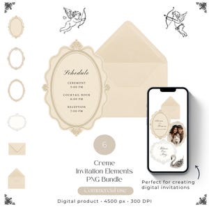 May include: A digital bundle of creme-colored invitation elements including oval ornate frames, envelopes, and cherub illustrations. A smartphone displays examples of these elements used in wedding stationery designs with text and photos.