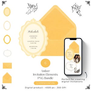 Digital Invitation PNG Baroque Frame Clipart Amber Envelope Wedding Invite Bundle Rococo Ornate Oval Old Money Stationery Kit, Commercial