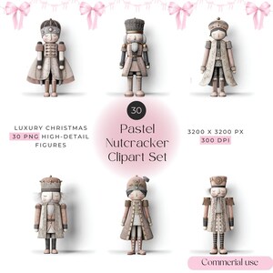 Puede incluir: Conjunto de figuras de cascanueces en tonos pastel, con diferentes sombreros y atuendos. La imagen incluye el texto: "Luxury Christmas 30 PNG High-Detail Figures" y "Pastel Nutcracker Clipart Set."