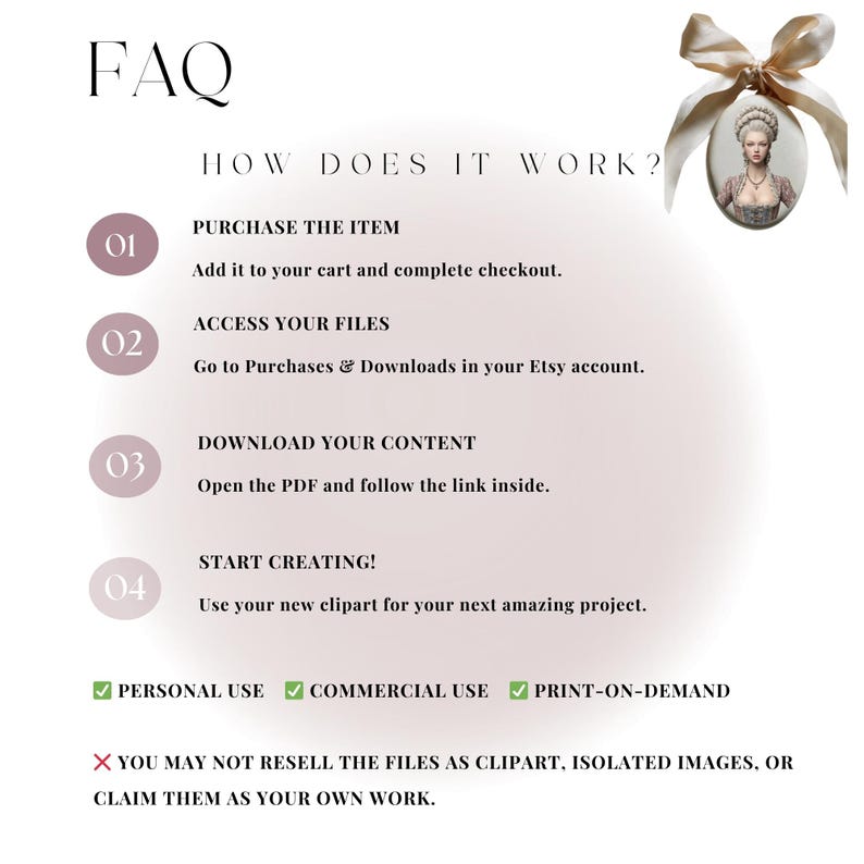 May include: An informational graphic titled FAQ How Does It Work with four numbered steps for digital file access and usage. In the top right corner, an oval portrait of a person in 18th-century attire is adorned with a beige satin ribbon bow.