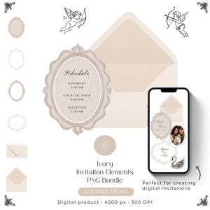 May include: Ivory invitation elements PNG bundle featuring decorative frames, envelopes, and a smartphone mockup. The schedule reads: Ceremony 5:00 PM, Cocktail Hour 6:00 PM, Reception 7:00 PM. Includes cherub illustrations and text: "Commercial use".
