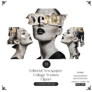 May include: A digital collage graphic featuring three faces layered with vintage newspaper print and gold leaf accents. The central face has a torn paper strip over the eyes with the text 'veit' visible. The side profiles show dark lips and hair.
