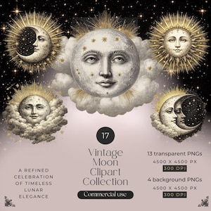 May include: A digital art collection featuring vintage moon and sun illustrations. The images include celestial bodies with faces, surrounded by clouds and radiating light. The text reads "Vintage Moon Clipart Collection".