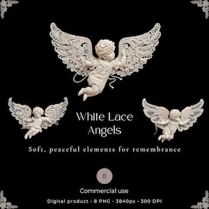 Op de afbeelding: Drie witte cherubijnfiguren met ingewikkelde kanten vleugels tegen een zwarte achtergrond. De tekst luidt: White Lace Angels, Soft, peaceful elements for remembrance, 8, Commercial use, Digital product, 8 PNG, 3840px, 300 DPI.