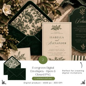 Puede incluir: Un conjunto de invitaciones de boda con una tarjeta color crema con texto negro que dice Isabella and Alexander, junto a un sobre de terciopelo verde oscuro forrado con un patrón botánico. Incluye una tarjeta informativa verde oscuro.