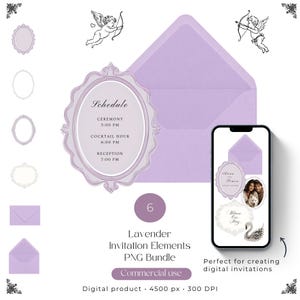 May include: A digital lavender invitation bundle featuring oval frames, a matching envelope, and two cherub illustrations. The central invitation displays a schedule with ceremony, cocktail hour, and reception times. A smartphone shows design examples.