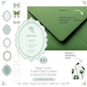 Può includere: Pacchetto PNG di cornici e fiocchi ad acquerello verde salvia. L'immagine include una busta verde, un programma con orari degli eventi e il testo "Commercial use". Sono inclusi anche cornici digitali, fiocchi e una fodera stampabile.