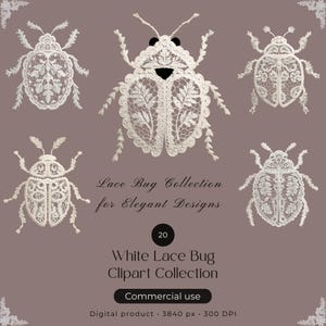 May include: A digital collection of five white lace bug illustrations on a mauve background. Text reads: Lace Bug Collection for Elegant Designs, 20 White Lace Bug Clipart Collection, Commercial use, Digital product, 3840 px, 300 DPI.
