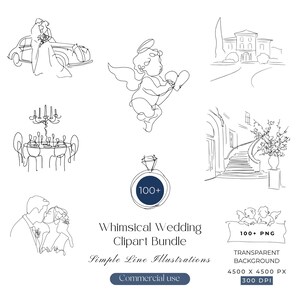Könnte beinhalten: Eine Sammlung von schwarzen Strichzeichnungen mit Hochzeitsthemen, darunter ein Paar mit Auto, ein Cherub mit Herz, ein Gebäude, ein gedeckter Tisch, eine Treppe und ein Ring. Der Text lautet Whimsical Wedding Clipart Bundle, 100+ PNG, 4500 x 4500 px, 300 DPI.