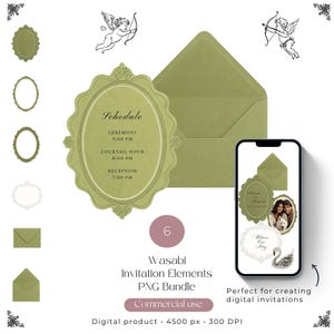 May include: A digital invitation bundle featuring wasabi green oval frames, matching envelopes, and cherub illustrations. The set includes a schedule card with text for ceremony, cocktail hour, and reception times, displayed on a smartphone screen.