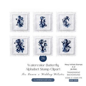 Imágenes prediseñadas de sellos postales falsos: 26 letras PNG del alfabeto de mariposas azul marino para diario creativo, iniciales florales de toile azul de la A a la Z para correo postal, uso comercial.