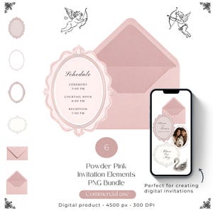 May include: A digital bundle of powder pink invitation elements including an oval frame with a schedule, a matching envelope, and two cherub illustrations. A smartphone displays examples of these elements used in digital invitation designs.