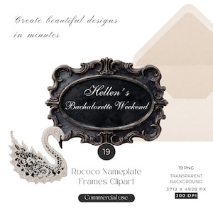Puede incluir: Un marco de placa de identificación de estilo rococó negro y bronce con el texto "Hellen's Bachelorette Weekend". Un diseño de encaje en forma de cisne blanco y negro está a la izquierda. La imagen incluye el texto "Create beautiful designs in minutes."