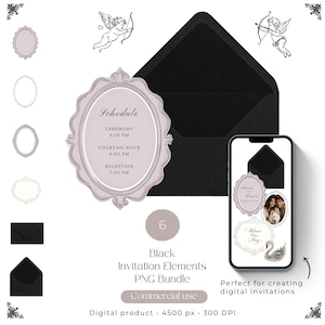 May include: A digital invitation bundle featuring an oval frame with the text Schedule, Ceremony 5:00 PM, Cocktail Hour 6:00 PM, Reception 7:00 PM, alongside black envelopes, cherub illustrations, and a smartphone displaying invitation design examples.
