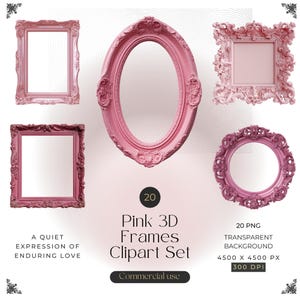 Marcos 3D rosas (imágenes prediseñadas) / Marcos ornamentales de San Valentín y fondos de texto / Marcos rococó románticos PNG / Decoración de amor en rosa suave