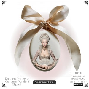 May include: An oval ceramic pendant featuring an illustration of a person with an elaborate powdered hairstyle, wearing a patterned bodice with a high ruffled collar and holding a handheld fan, topped with a large, light beige satin ribbon bow.
